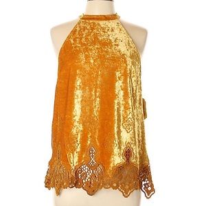 Mustard velvet Halter w/ Scalloped Crochet Lace L
